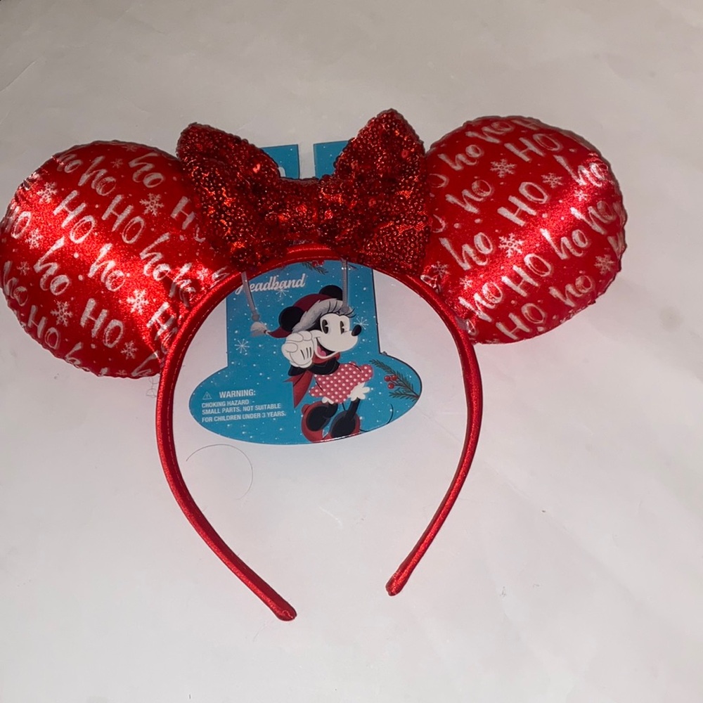 Minnie Mouse Ears Disney Headband Christmas ho ho ho red white Sequins red bow